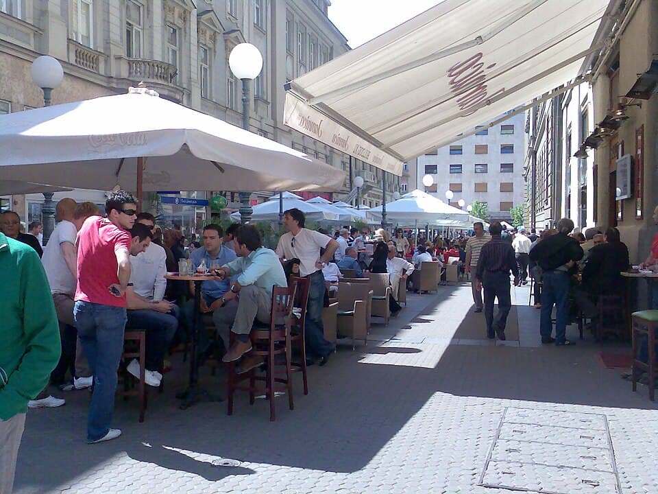 Busy café terraces on Bogovićeva Street
